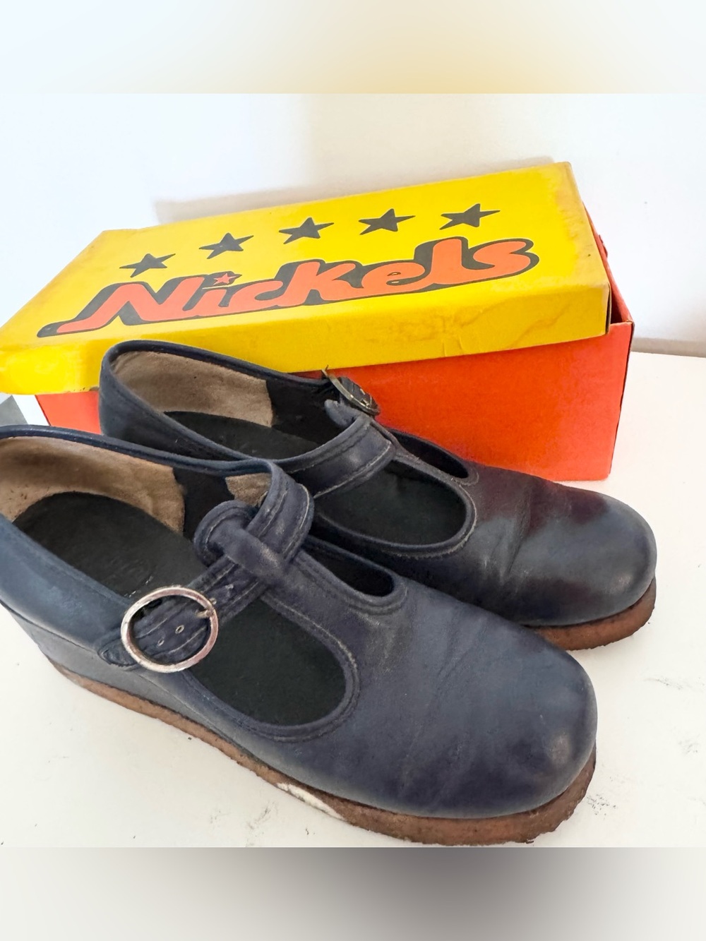 Italian made Navy Leather Mary Jane Shoes with Buckle vintage original box